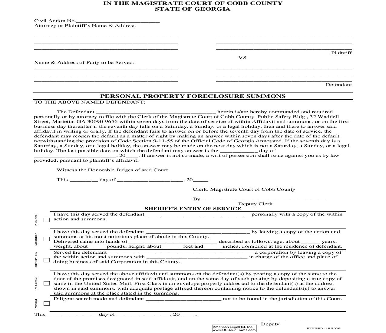 Personal Property Foreclosure Summons | Pdf Fpdf Doc Docx | Georgia