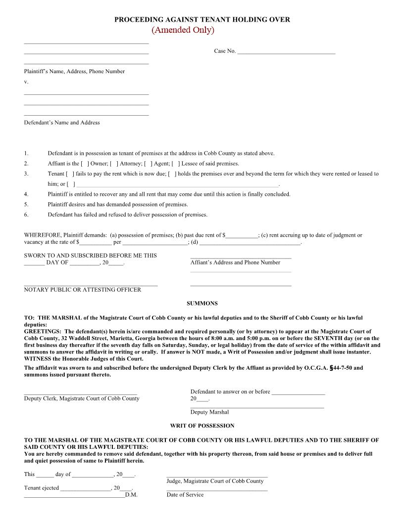 Proceeding Against Tenant Holding Over (Eviction Form) | Pdf Fpdf Doc Docx | Georgia