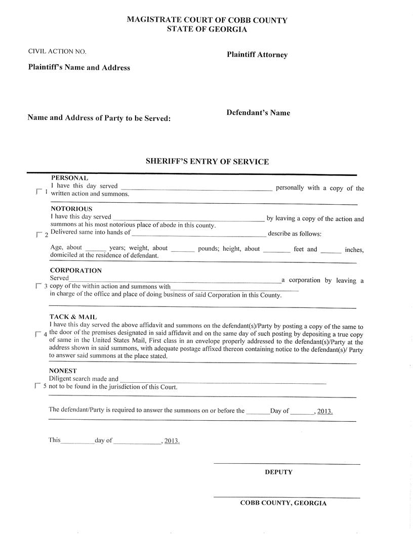 Sheriffs Entry Of Service (For Civil Small Claims Suit) | Pdf Fpdf Doc Docx | Georgia