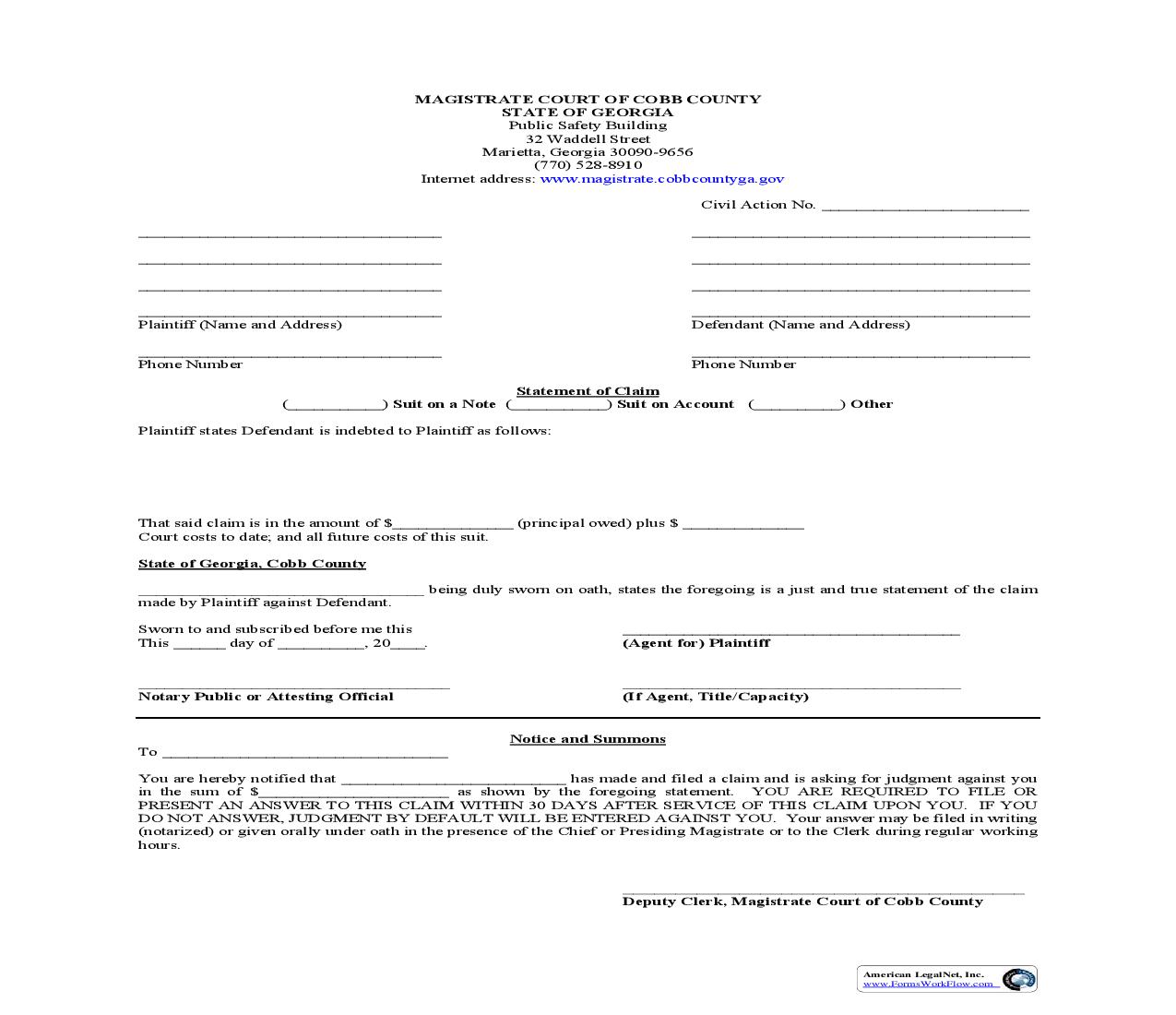 Statement Of Claim (For Civil Small Claims Suit) | Pdf Fpdf Doc Docx | Georgia