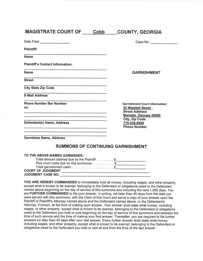 Summons Of Continuing Garnishment | Pdf Fpdf Doc Docx | Georgia