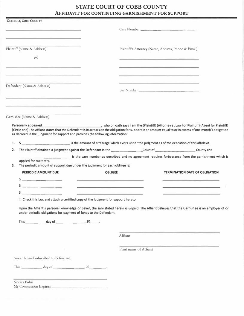 Affidavit For Continuing Garnishment For Support | Pdf Fpdf Docx | Georgia