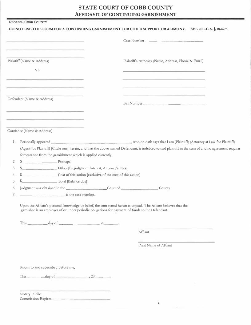 Affidavit Of Continuing Garnishment | Pdf Fpdf Docx | Georgia