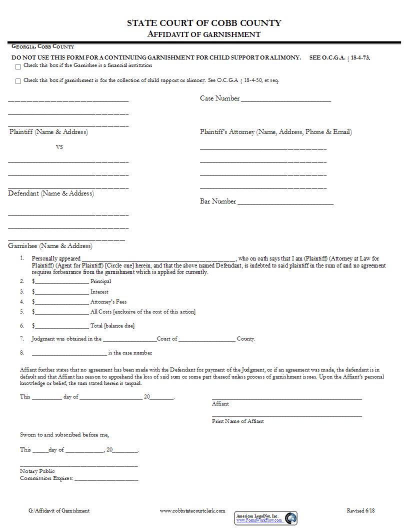 Affidavit Of Garnishment | Pdf Fpdf Docx | Georgia