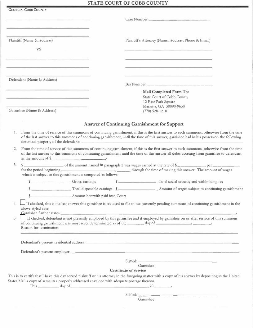 Answer Of Continuing Garnishment For Support | Pdf Fpdf Doc Docx | Georgia