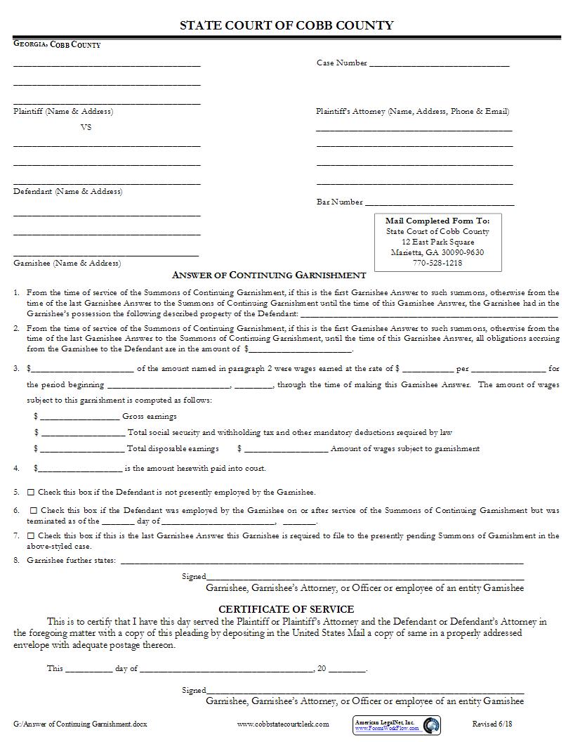 Answer Of Continuing Garnishment | Pdf Fpdf Docx | Georgia