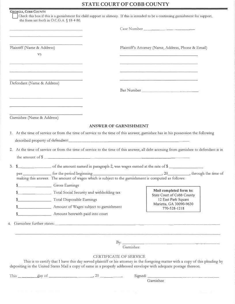 Answer Of Garnishment | Pdf Fpdf Docx | Georgia