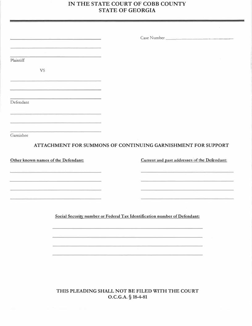 Attachment For Summons Of Continuing Garnishment For Support | Pdf Fpdf Docx | Georgia