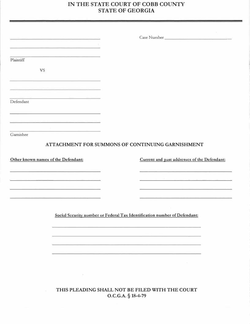 Attachment For Summons Of Continuing Garnishment | Pdf Fpdf Docx | Georgia