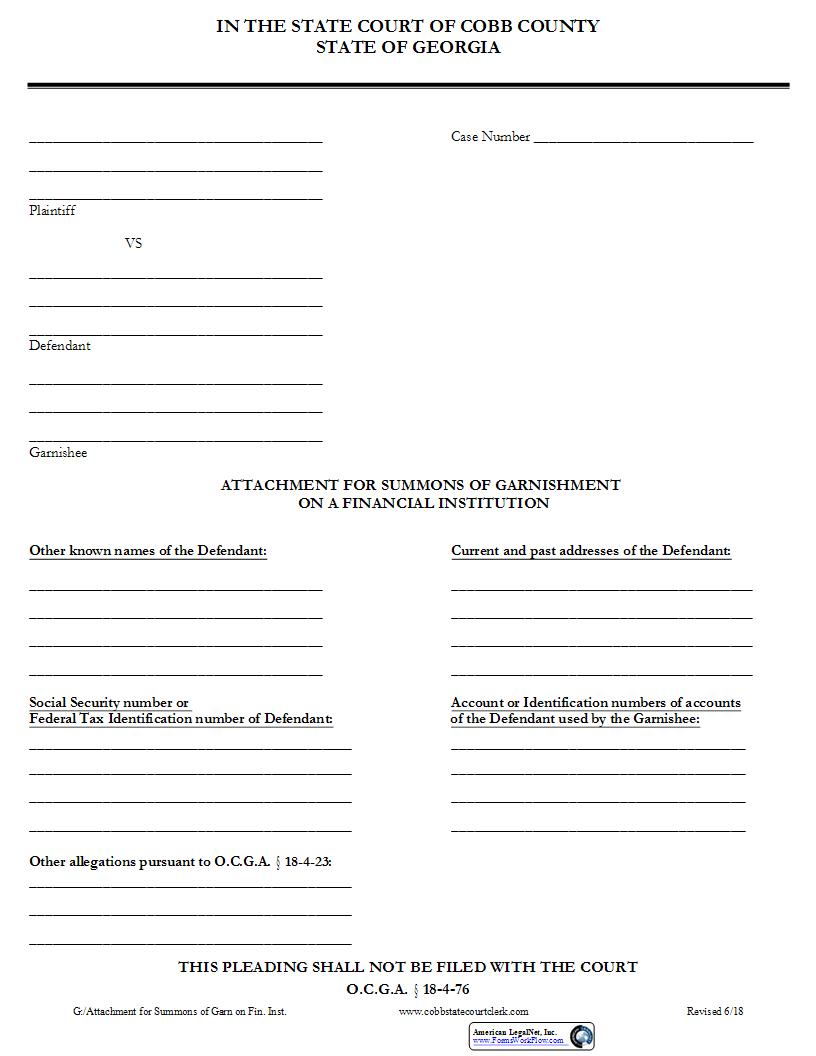 Attachment For Summons Of Garnishment On A Financial Institution | Pdf Fpdf Docx | Georgia