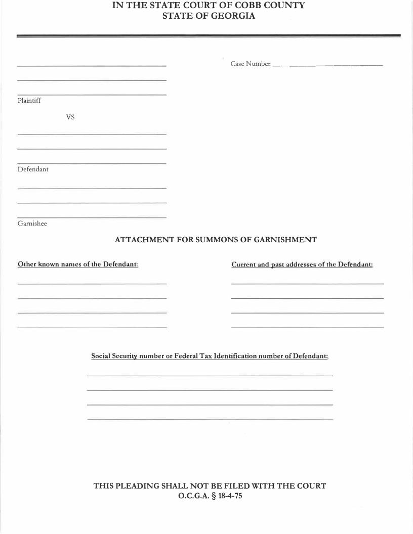 Attachment For Summons Of Garnishment | Pdf Fpdf Docx | Georgia