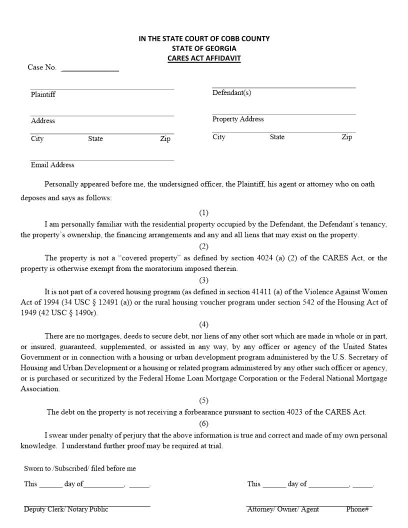 CARES Act Affidavit (Dispossessory) | Pdf Fpdf Docx | Georgia