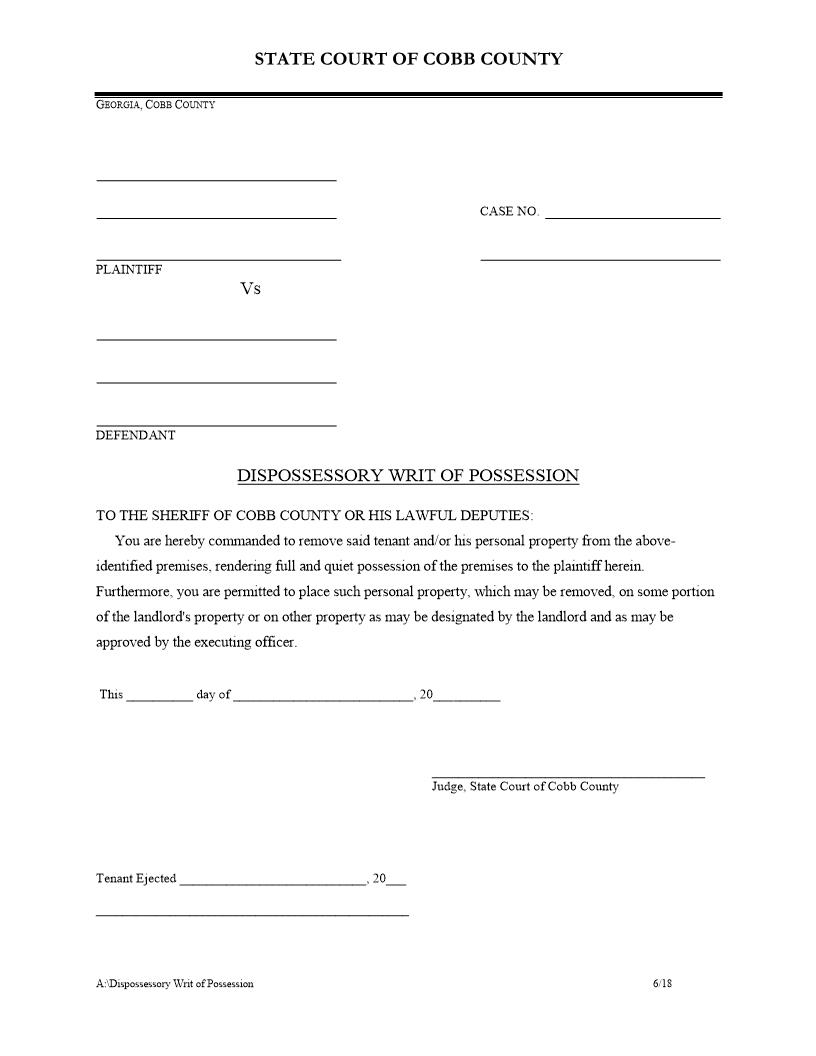 Dispossesory Writ Of Possession | Pdf Fpdf Docx | Georgia