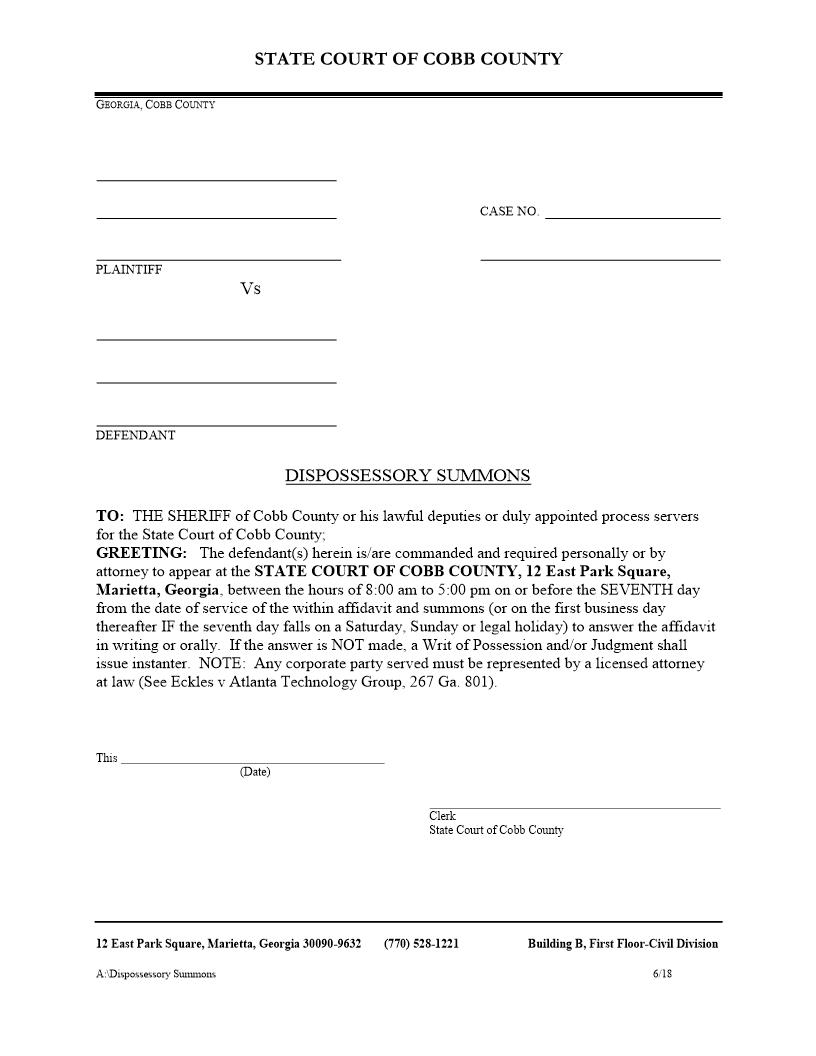 Dispossessory Summons | Pdf Fpdf Docx | Georgia