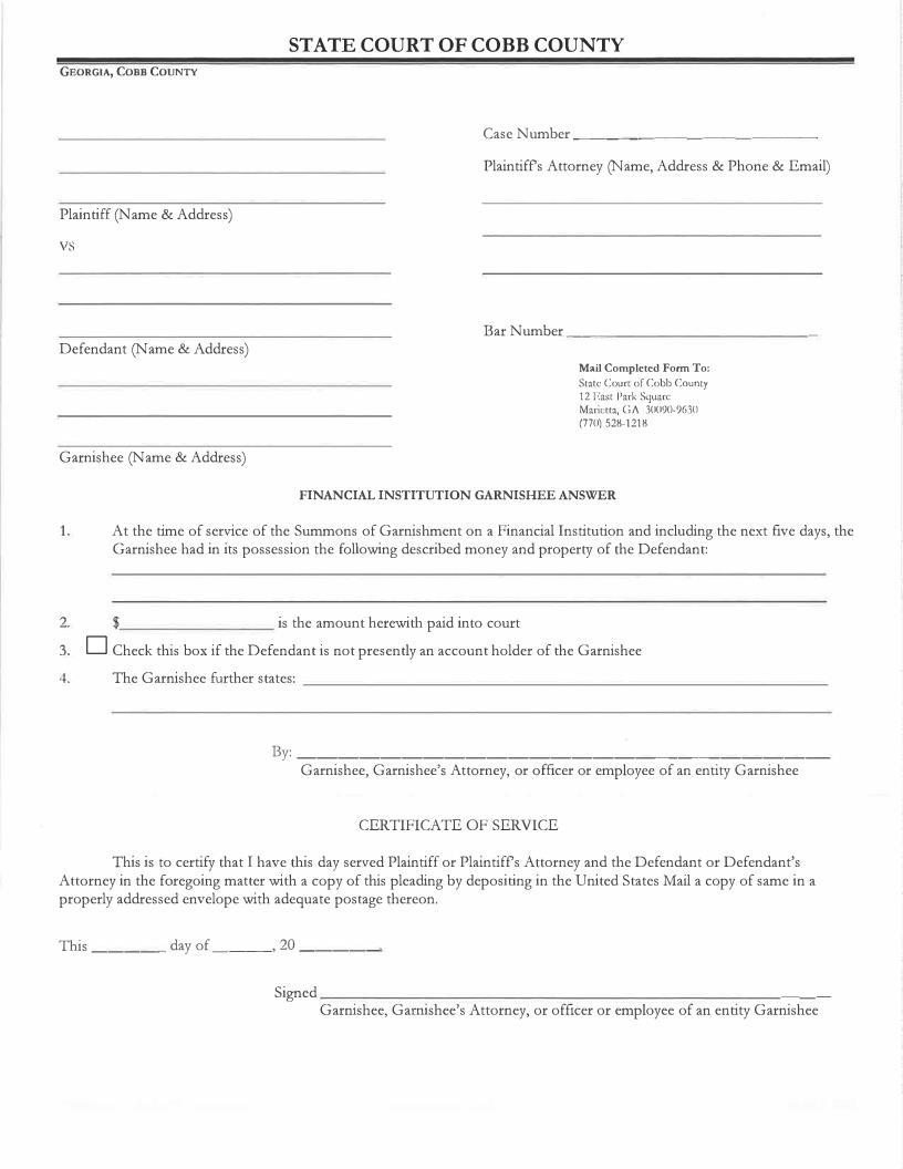 Financial Institution Garnishee Answer | Pdf Fpdf Docx | Georgia