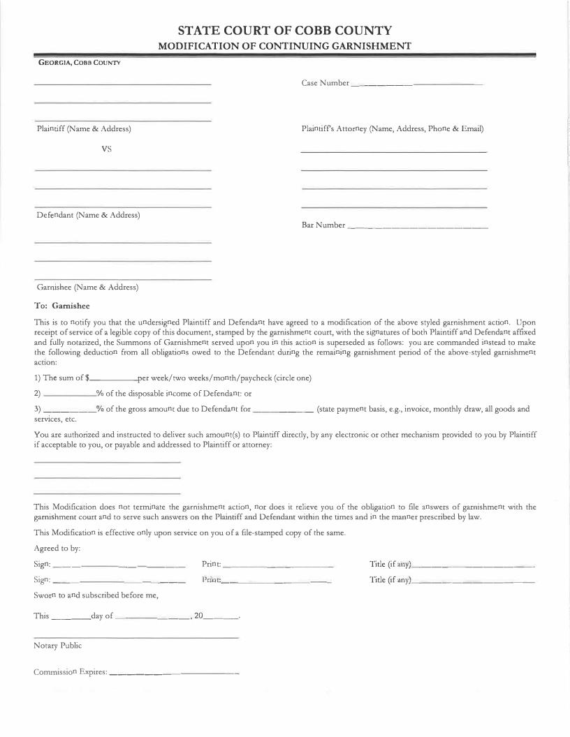 Modification Of Continuing Garnishment  | Pdf Fpdf Docx | Georgia