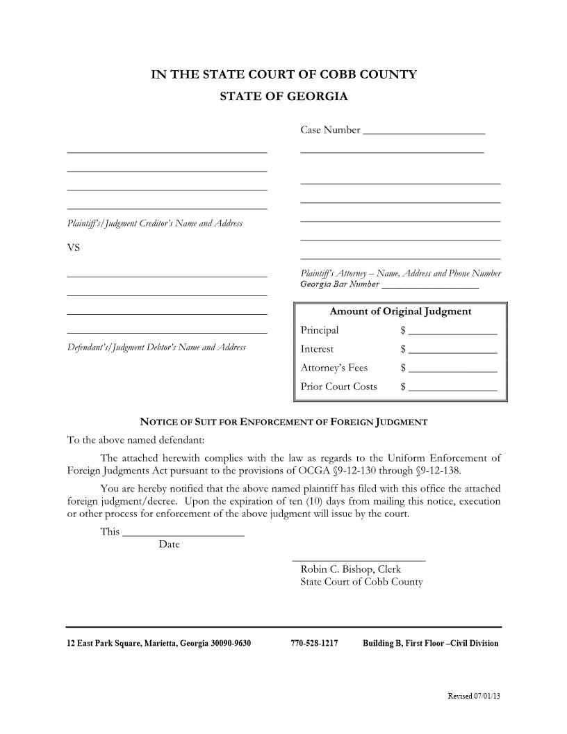 Notice Of Suit For Enforcement Of Foreign Judgment | Pdf Fpdf Docx | Georgia