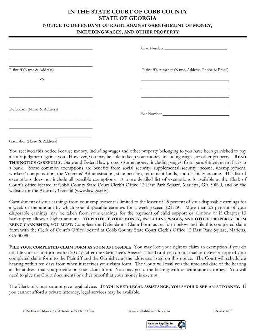 Notice To Defendant Of Right Against Garnishment Of Money | Pdf Fpdf Docx | Georgia