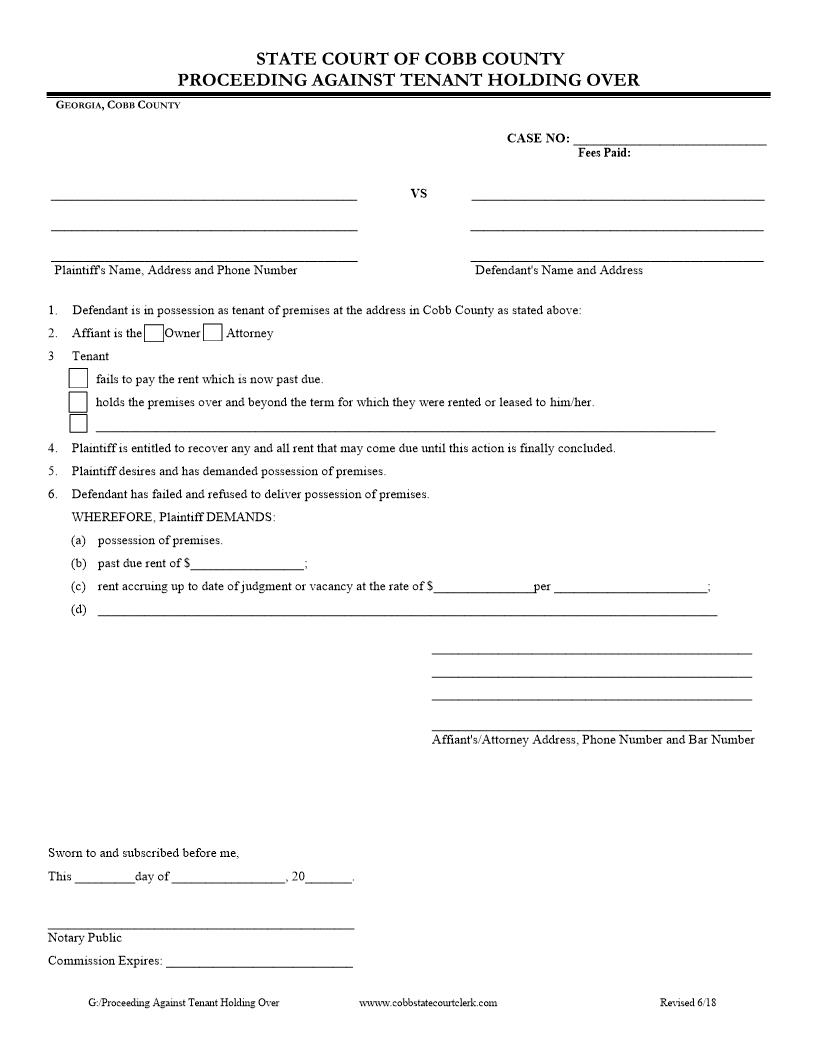 Proceeding Against Tenant Holding Over | Pdf Fpdf Docx | Georgia