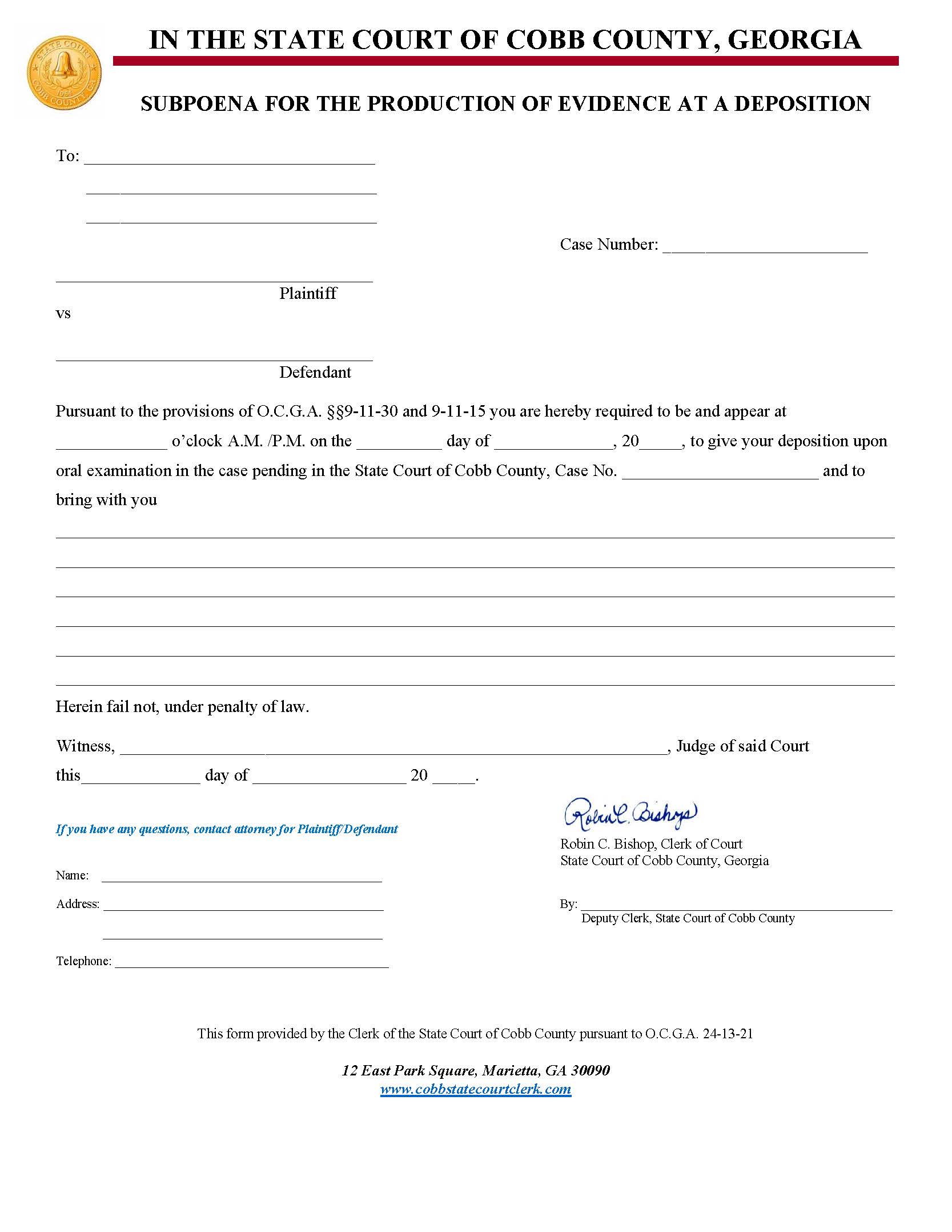 Subpoena For Production Of Evidence At A Deposition | Pdf Fpdf Docx | Georgia