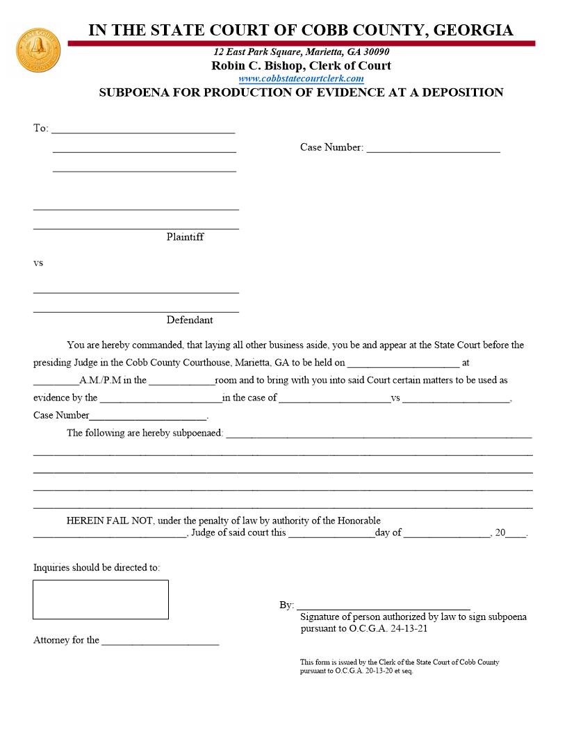 Subpoena For The Production Of Evidence At A Deposition (Issued By Attorney)_0 | Pdf Fpdf Docx | Georgia