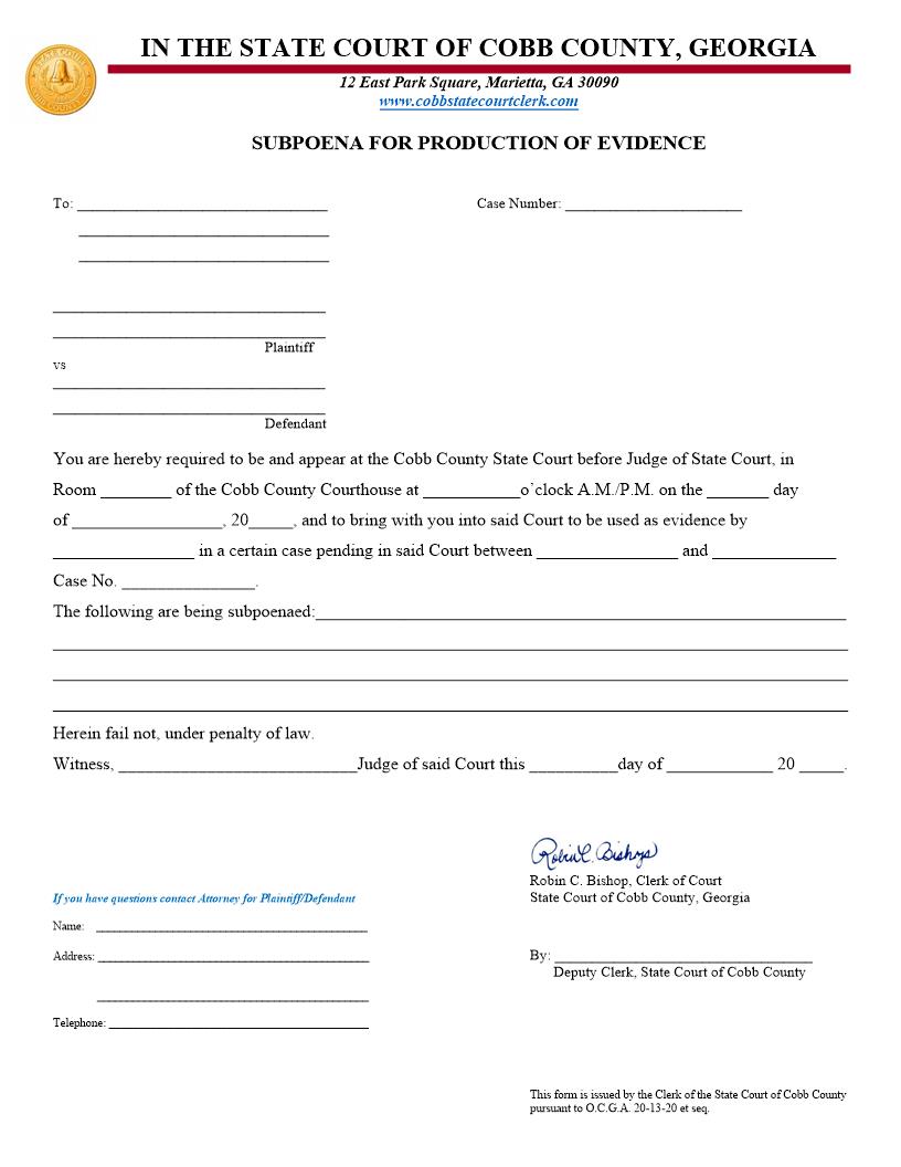 Subpoena For The Production Of Evidence | Pdf Fpdf Docx | Georgia