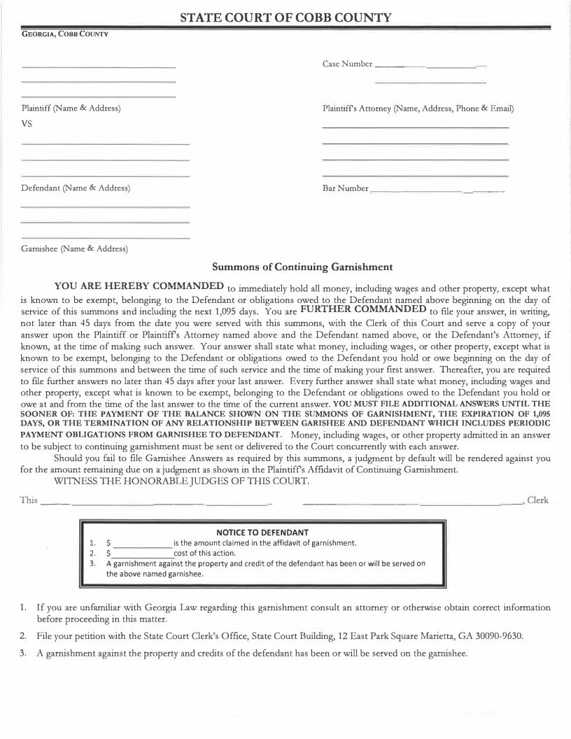 Summons Of Continuing Garnishment (With Notice To Defendant) | Pdf Fpdf Docx | Georgia