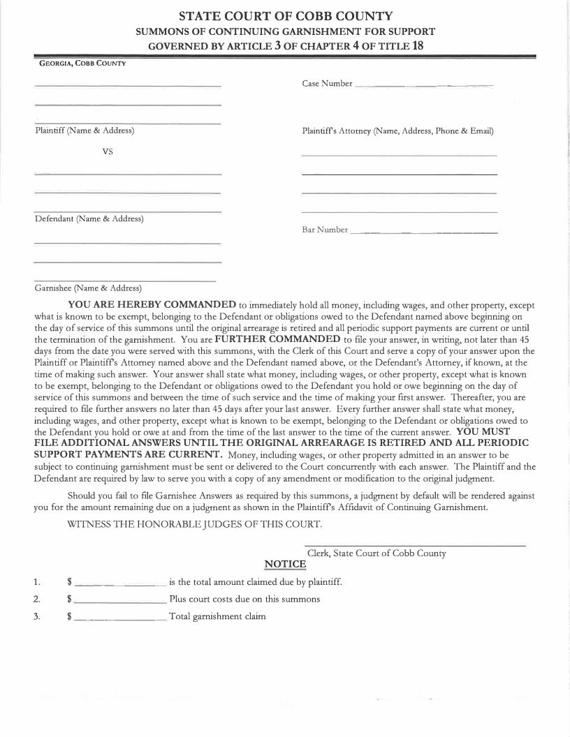 Summons Of Continuing Garnishment For Support | Pdf Fpdf Docx | Georgia