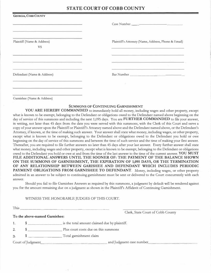 Summons Of Continuing Garnishment | Pdf Fpdf Docx | Georgia