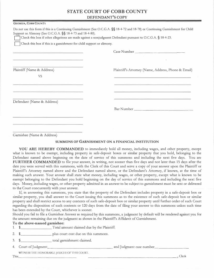 Summons Of Garnishment On A Financial Institution (Defendants Copy) | Pdf Fpdf Docx | Georgia