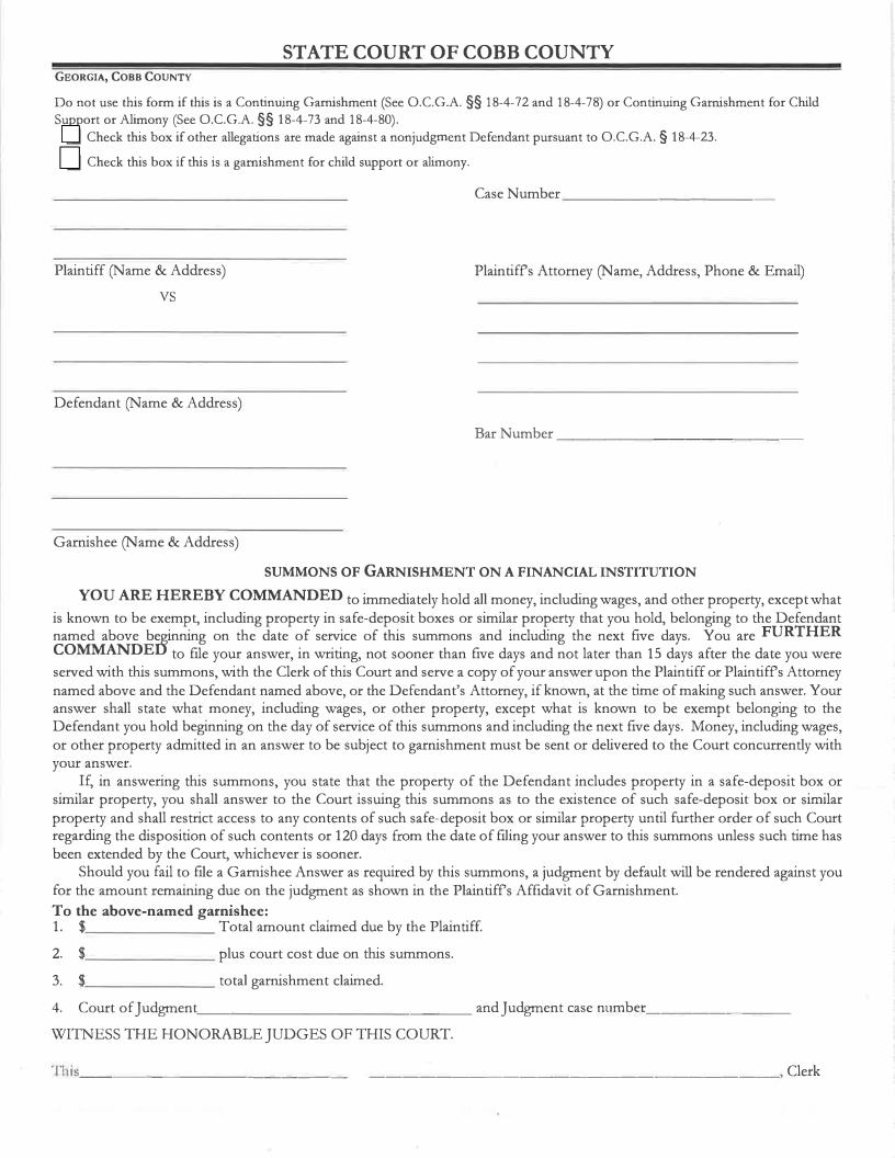 Summons Of Garnishment On A Financial Institution | Pdf Fpdf Docx | Georgia