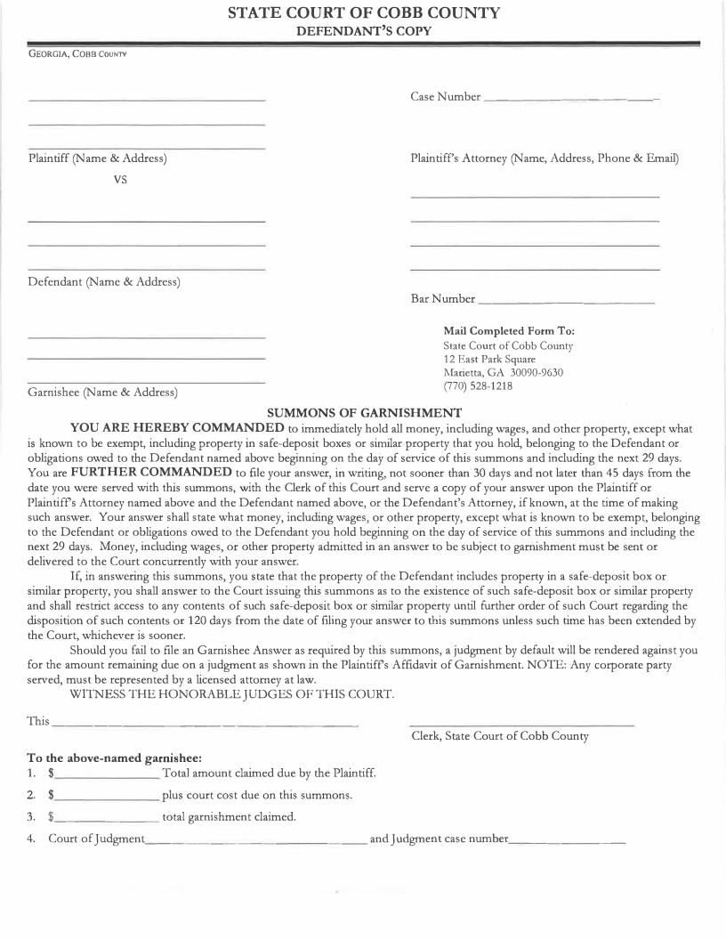 Summons Of Garnshment (Defendants Copy) | Pdf Fpdf Docx | Georgia