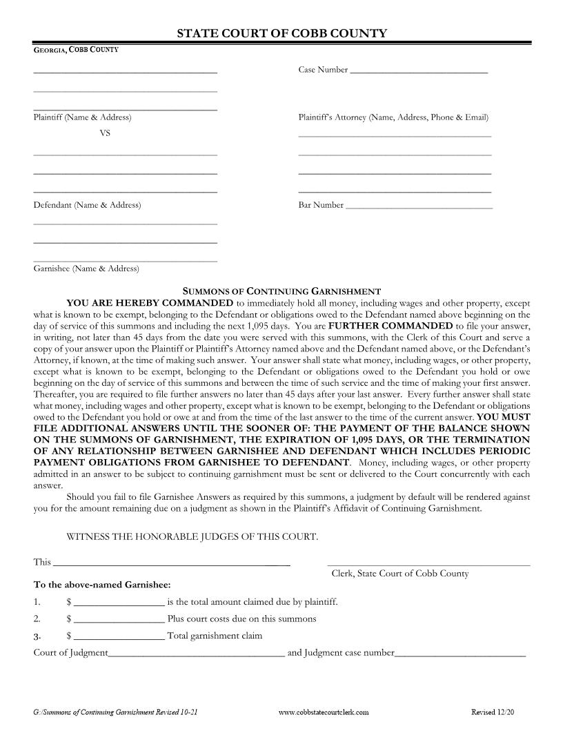 Summons On Continuing Garnishment (Defendant) | Pdf Fpdf Docx | Georgia