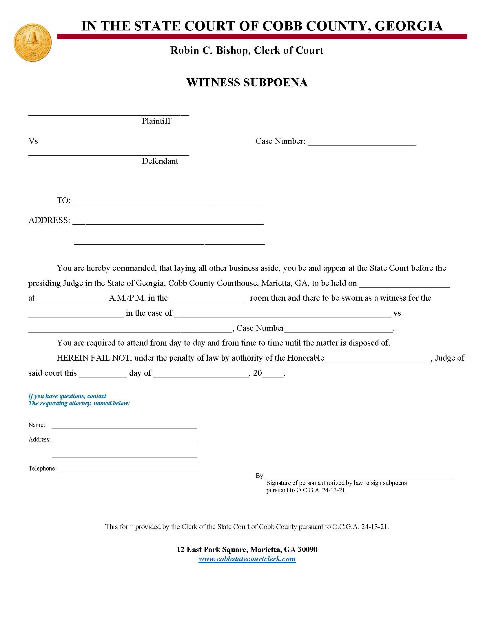 Witness Subpoena (Issued By Attorney) | Pdf Fpdf Docx | Georgia