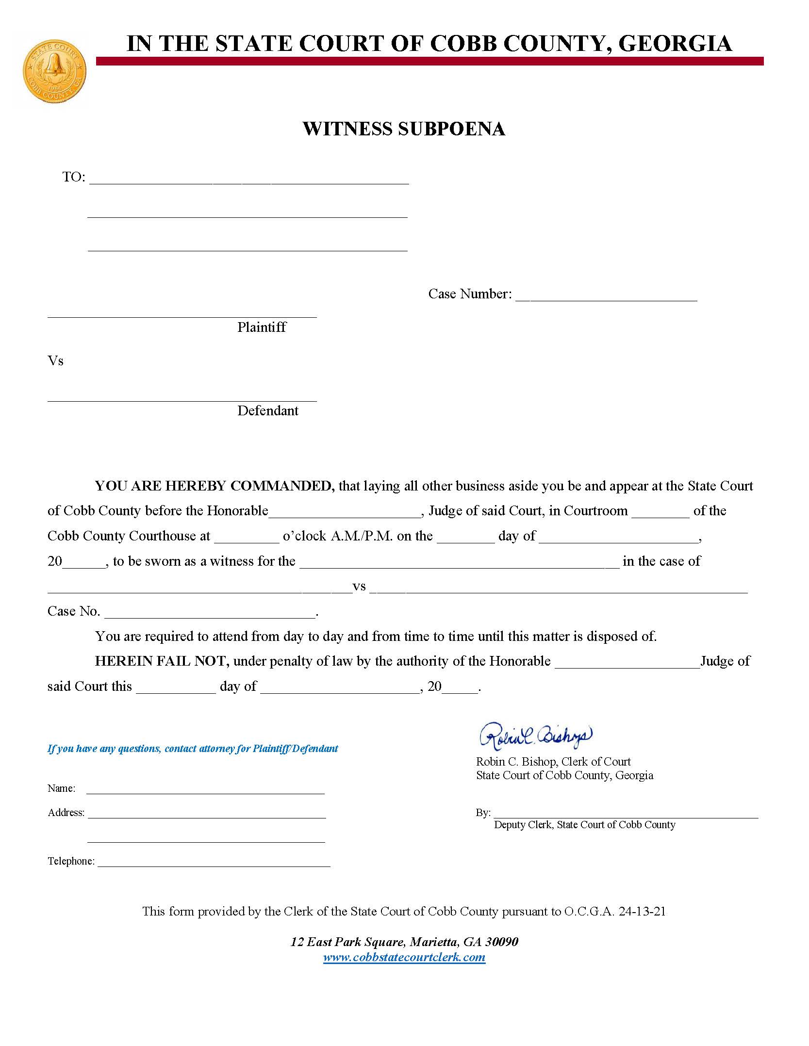 Witness Subpoena | Pdf Fpdf Docx | Georgia