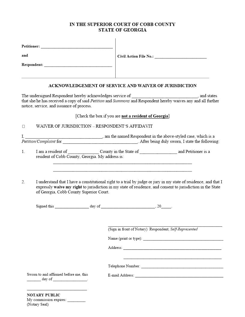 Acknowledgement Of Service And Waiver Of Jurisdiction | Pdf Fpdf Docx | Georgia