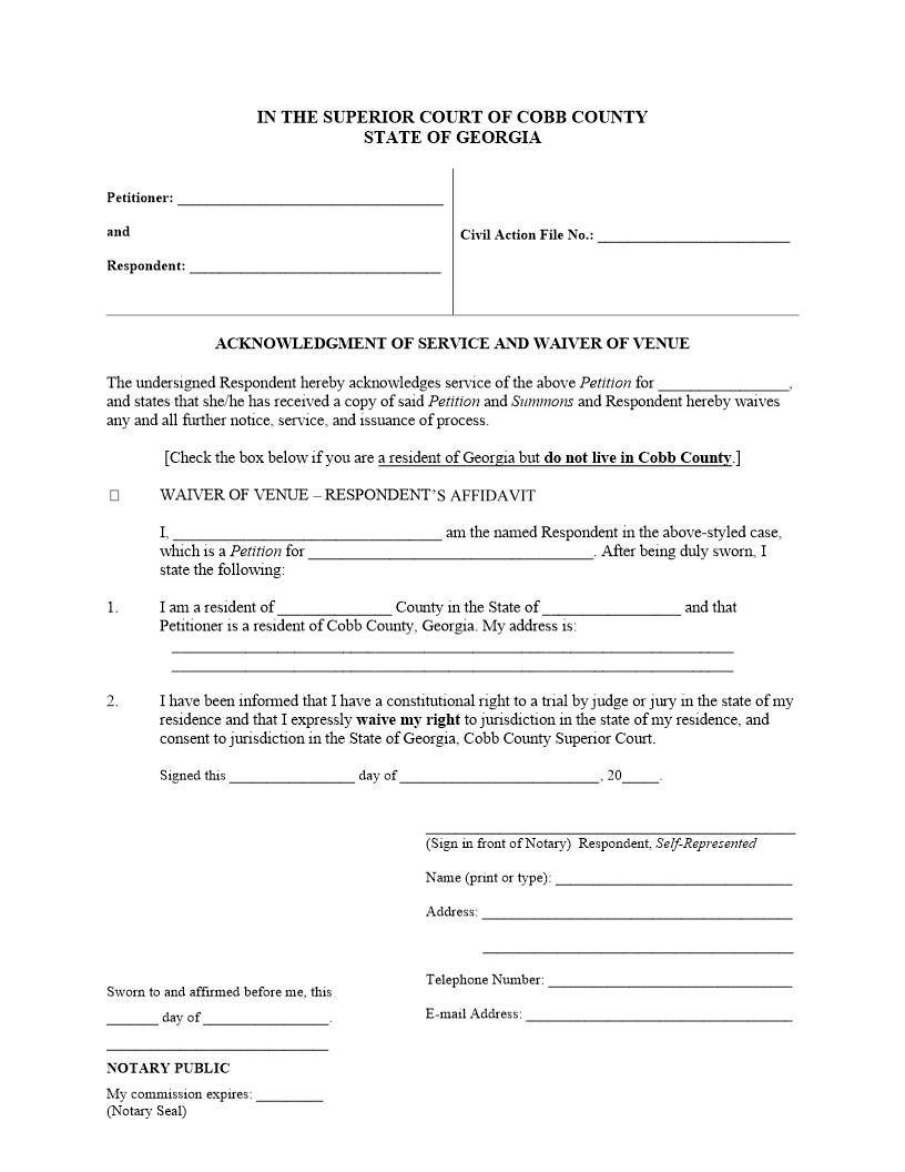 Acknowledgement Of Service And Waiver Of Venue | Pdf Fpdf Docx | Georgia