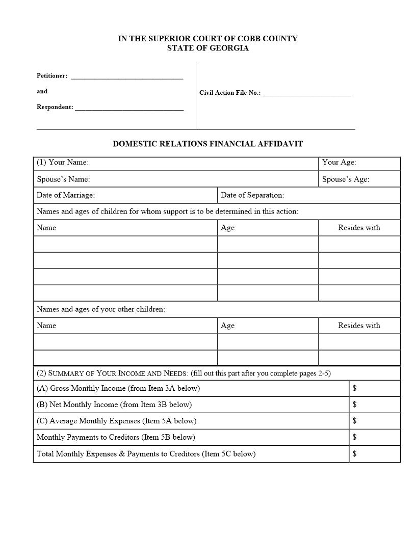 Domestic Relations Financial Affidavit | Pdf Fpdf Docx | Georgia