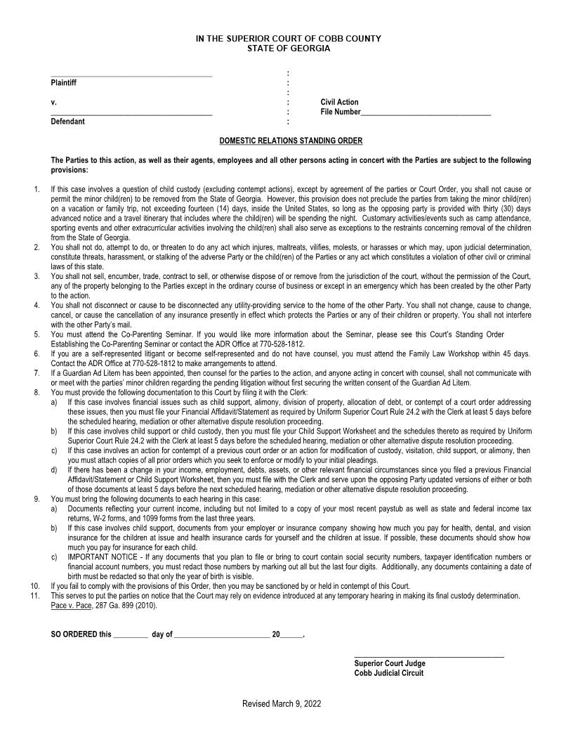 Domestic Relations Standing Order | Pdf Fpdf Docx | Georgia