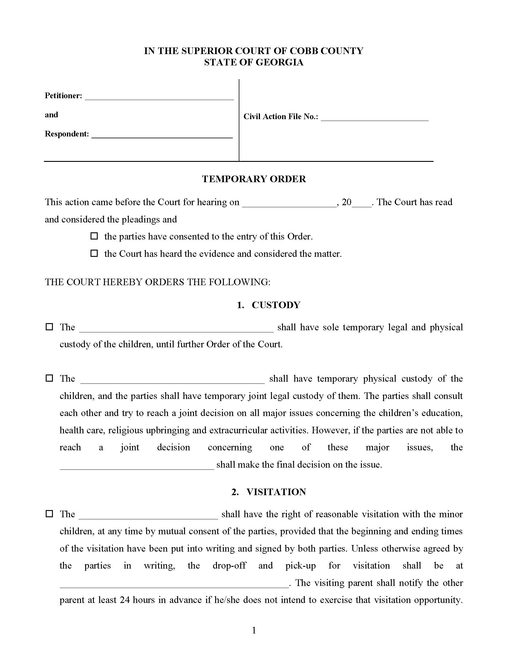 Temporary Order | Pdf Fpdf Docx | Georgia