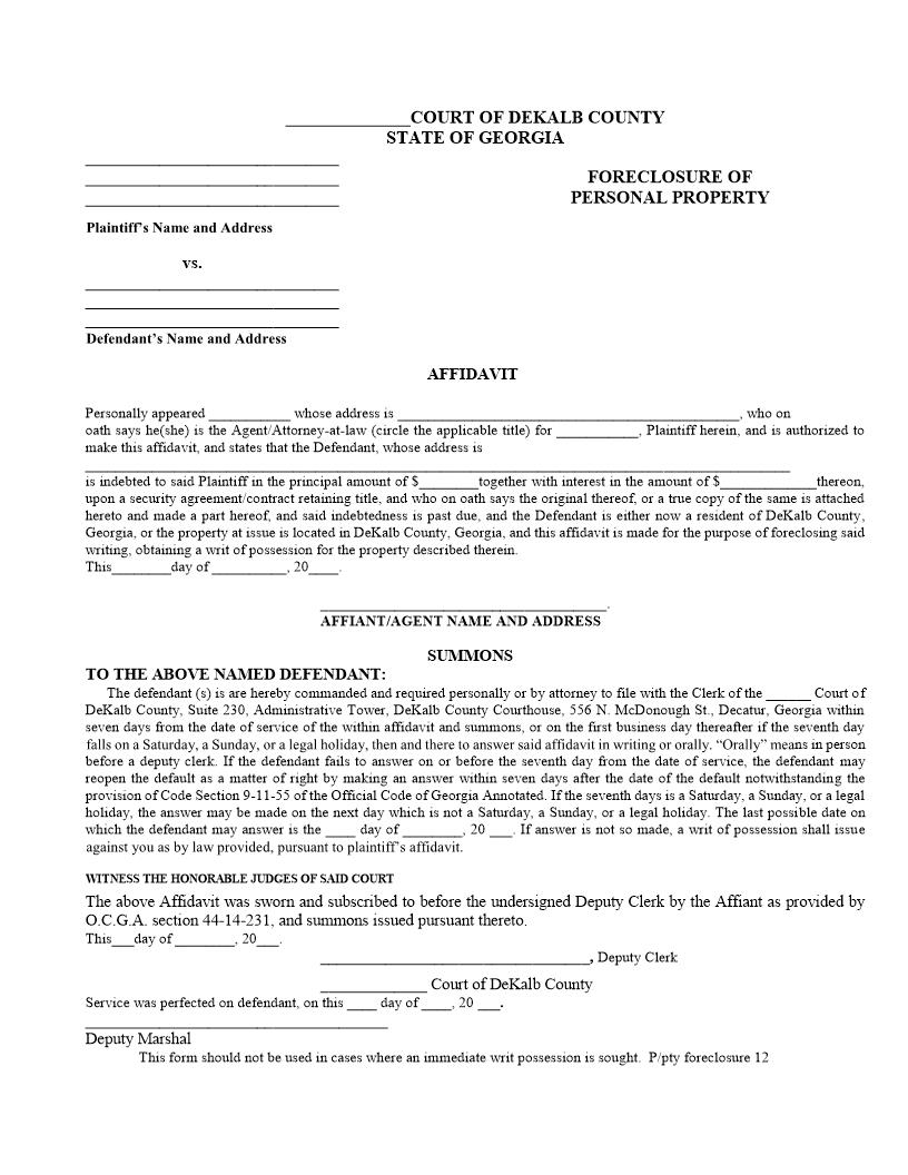 Affidavit  (Foreclosure Of Personal Property) | Pdf Fpdf Docx | Georgia