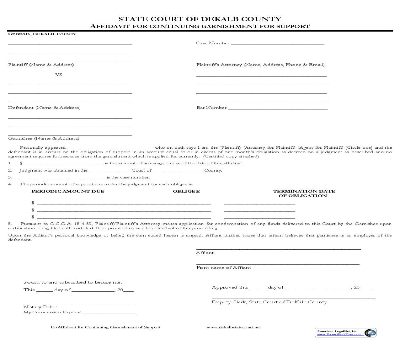 Affidavit For Continuing Garnishment For Support | Pdf Fpdf Doc Docx | Georgia