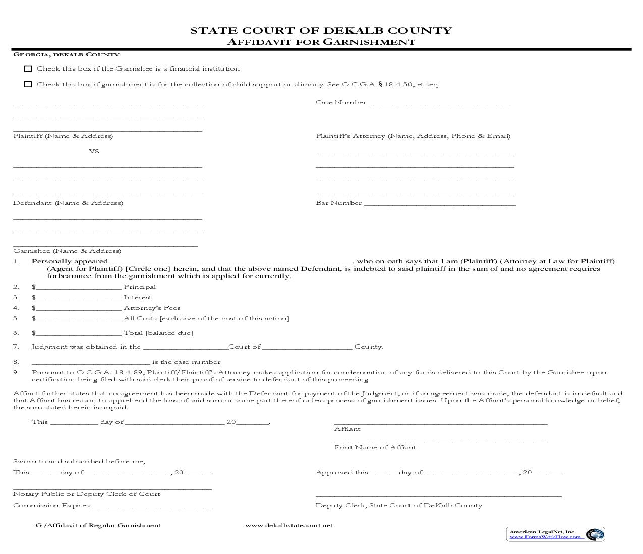 Affidavit For Garnishment | Pdf Fpdf Doc Docx | Georgia
