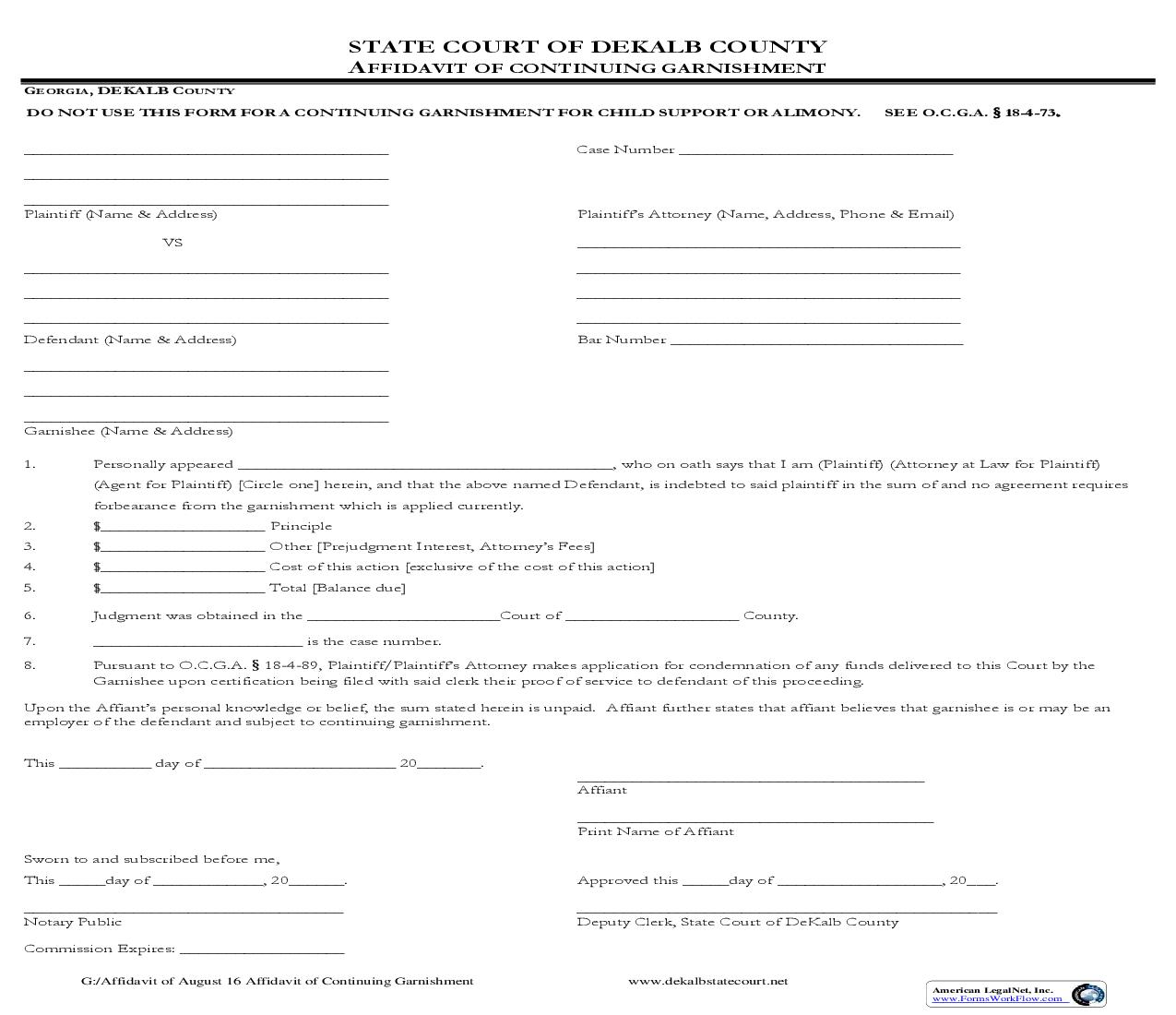 Affidavit Of Continuing Garnishment | Pdf Fpdf Doc Docx | Georgia