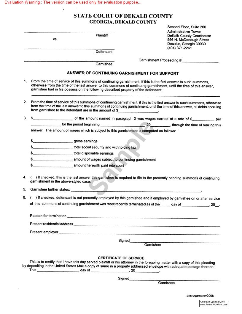 Answer Of Continuing Garnishment For Support | Pdf Fpdf Doc Docx | Georgia