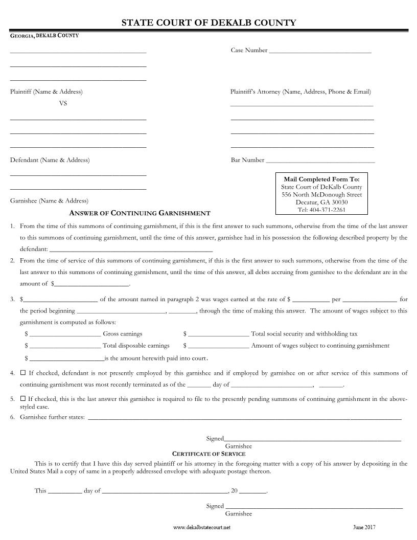 Answer Of Continuing Garnishment | Pdf Fpdf Doc Docx | Georgia