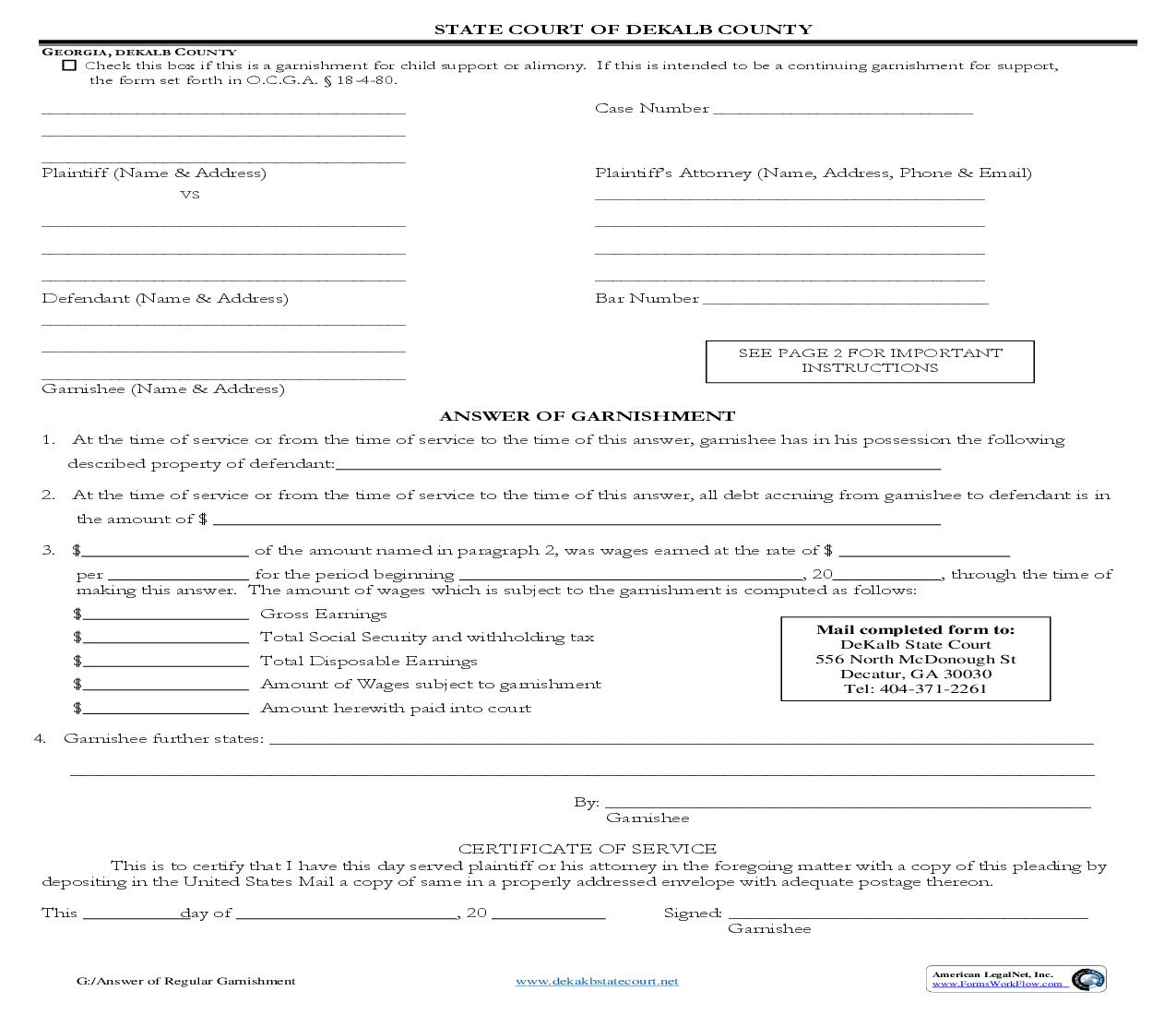 Answer Of Garnishment | Pdf Fpdf Doc Docx | Georgia