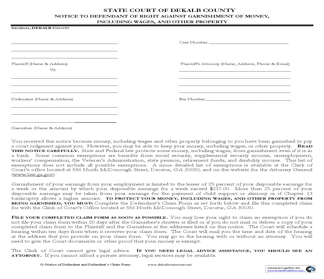 Notice To Defendant Of Right Against Garnishment Of Money Including Wages | Pdf Fpdf Doc Docx | Georgia