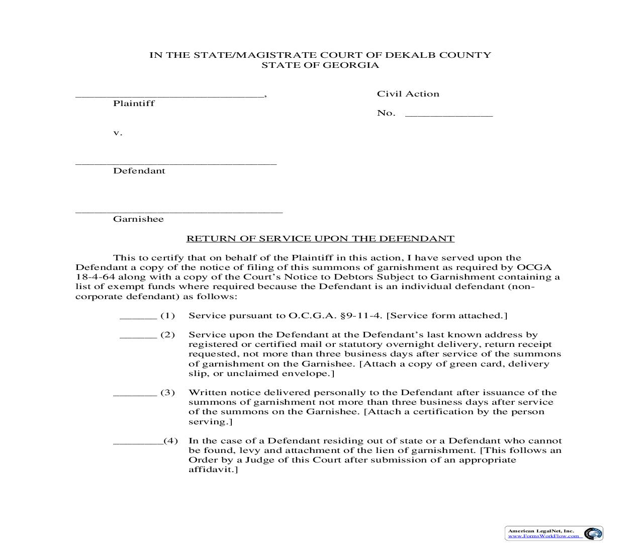 Return Of Service Upon The Defendant | Pdf Fpdf Doc Docx | Georgia