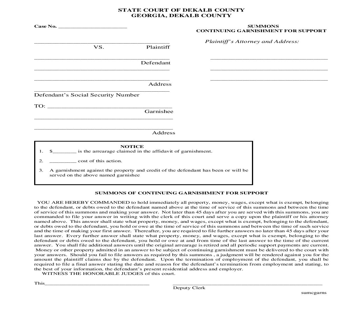 Summons Continuing Garnishment For Support | Pdf Fpdf Doc Docx | Georgia